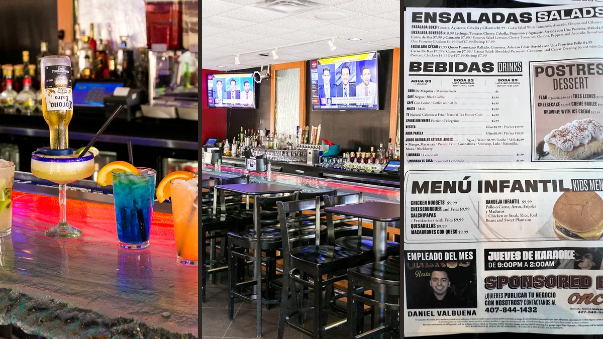 Colorful restaurant interior with bar seating.